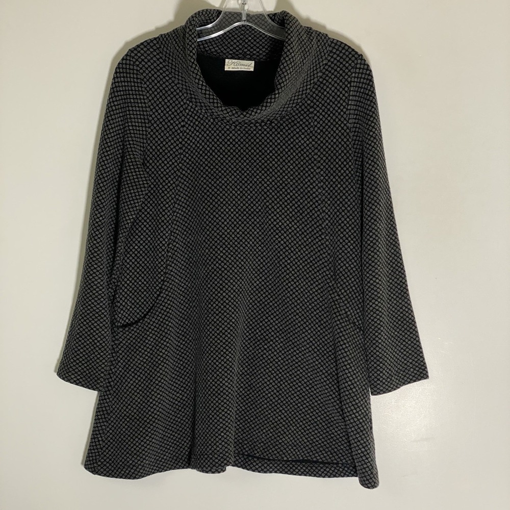 Komil Sweater Women Small Black Polka Dots Tunic Pockets Stretch Artsy Cowl Neck
